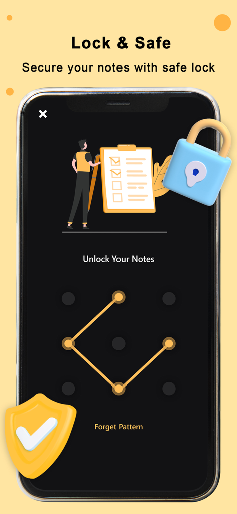 My Notes: Diary, Voice & Memos - Interface de l'application My Notes montrant un écran de verrouillage par schéma pour sécuriser les entrées de journal privées et les mémos vocaux.