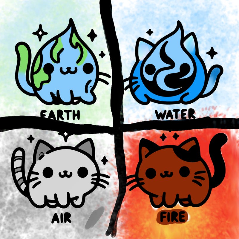 4 cats that represent the different elements, earth, water, air, and fire
