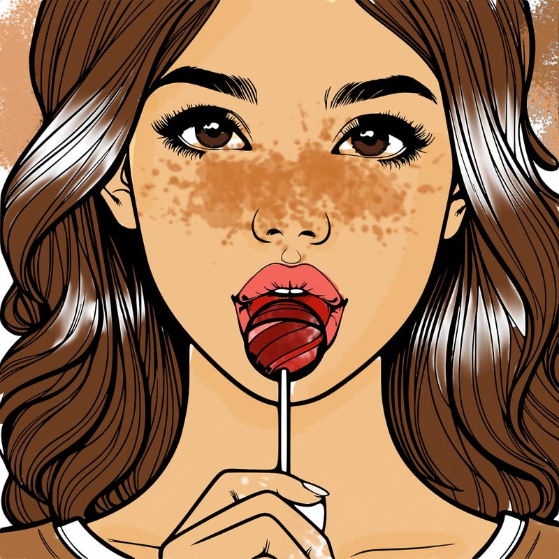 a realistic girl with a lollipop in her mouth