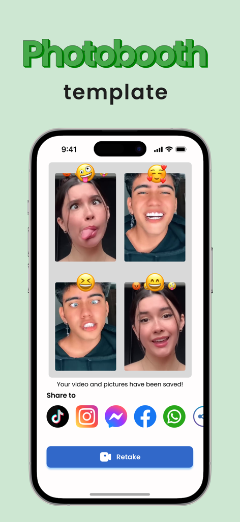 Funmoji: Funny face filters - 재미있는 이모지 얼굴과 공유 옵션이 있는 포토부스 템플릿을 보여주는 Funmoji 앱 인터페이스