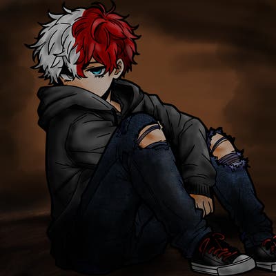 a male hoddie ripped jeans messy hair anime