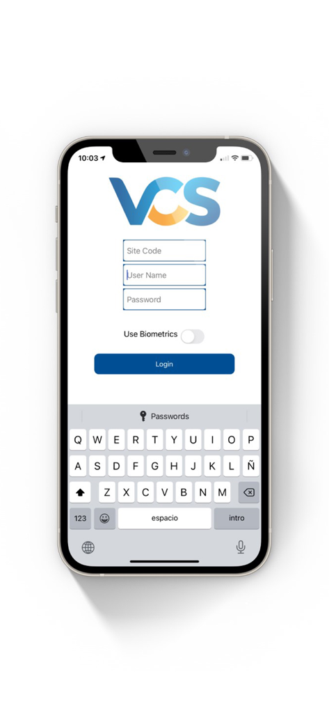 VCS Workforce Management - Login screen of the VCS Workforce Management app on an iPhone showing site code and username fields.
