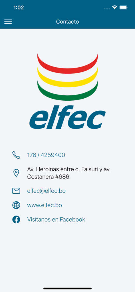 Elfec Móvil - Elfec Movil contact screen showing company logo and customer service information including phone number and address