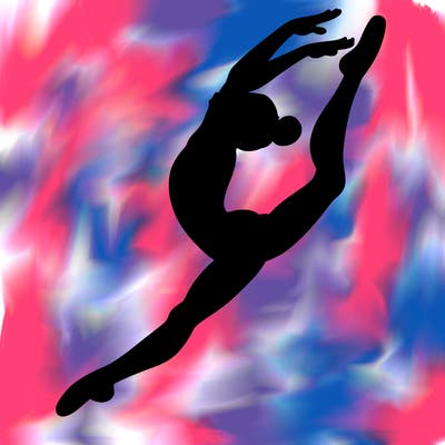 gymnast doing a leap in a leotard with a bent back leg