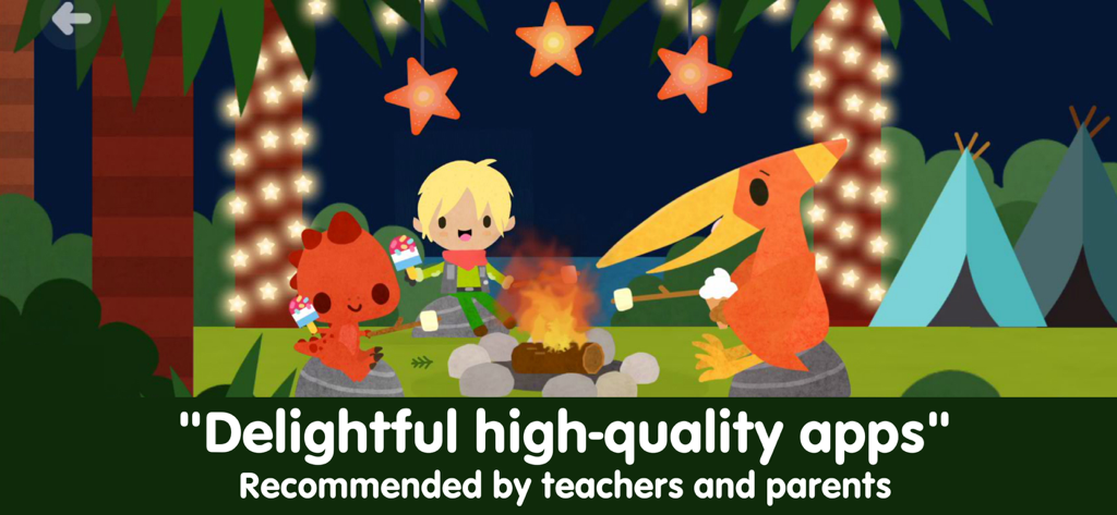 Dinosaur Puzzle Kid Dino Game - Un niño y dinosaurios asando malvaviscos alrededor de una fogata por la noche