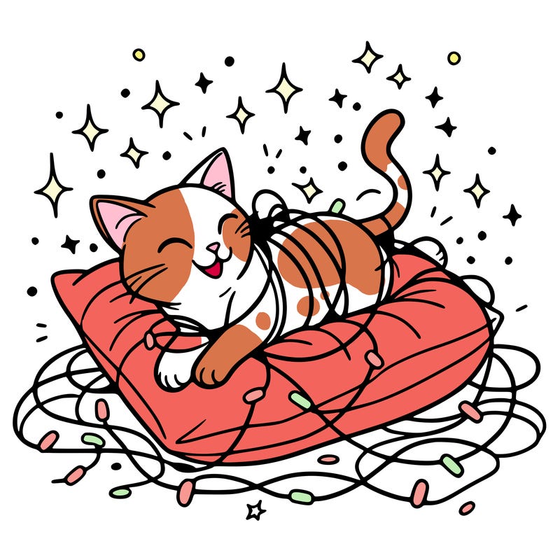 a cat happily tangled in glowing lights, lounging on a big cushion, clean lines, simple design, uncomplicated, tatoo desing