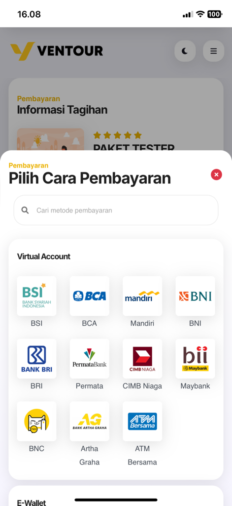 Ventour Mobile - A mobile app screen for choosing a payment method in the Ventour Mobile app with options for various virtual bank accounts.