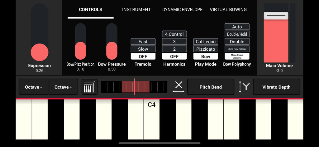 SWAM Double Bass app interface showing performance controls, bowing settings, and a piano keyboard.