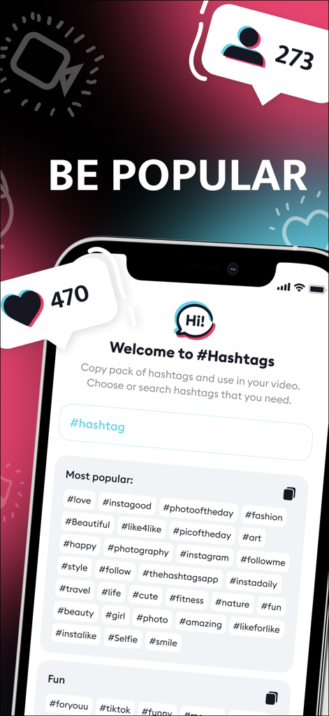 SavTok: Tic Video Tools - SavTok app hashtag generator screen displaying popular tags for social media growth