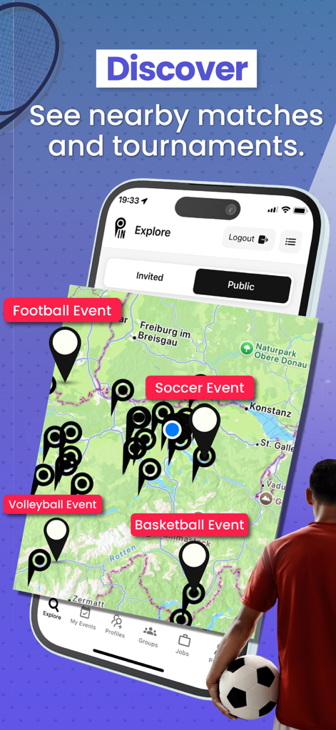 PIN Sport App map view showing nearby football soccer volleyball and basketball events
