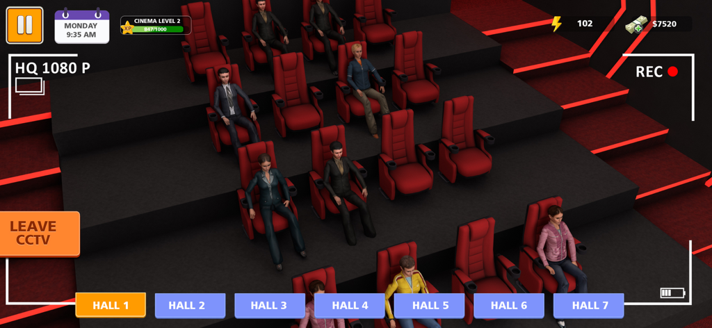 Cinema Movie Theatre Simulator - CCTV view of a movie theatre hall with audience members sitting in red plush seats in a cinema tycoon game.
