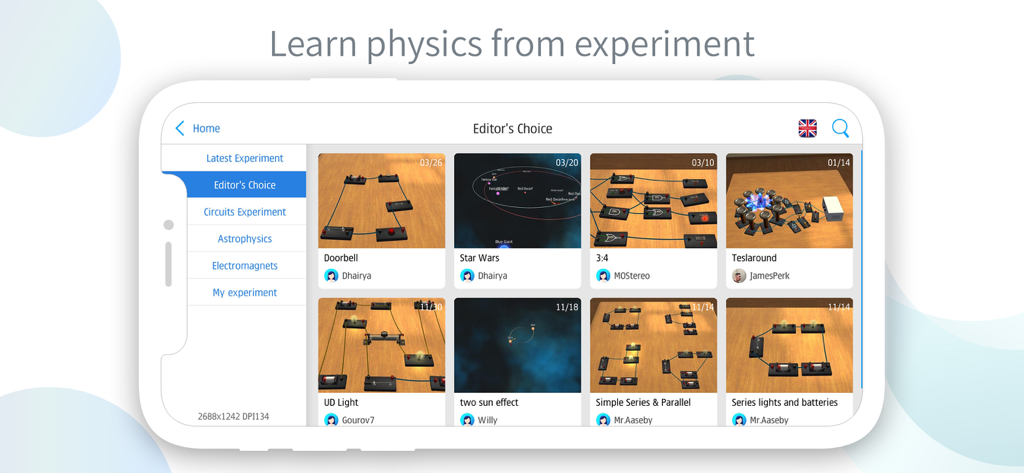 Physics Lab AR - Physics Lab AR app interface showing a gallery of virtual science experiments and circuit simulations