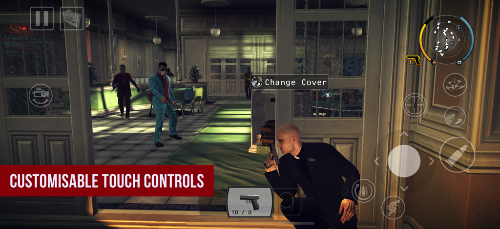 Hitman: Absolution - Agent 47 crouched in cover showing customizable touch controls in Hitman Absolution on iOS