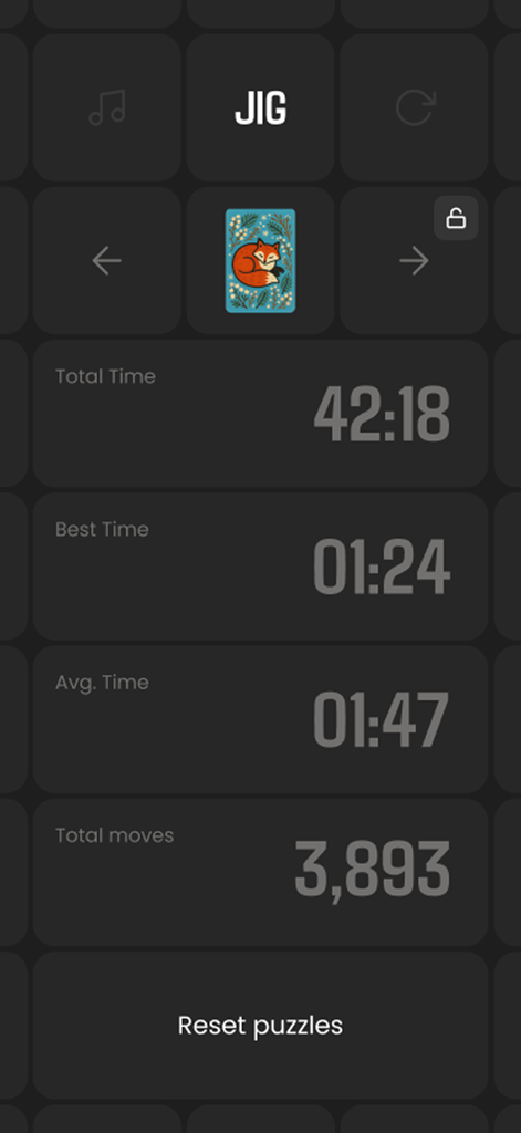 A minimalist statistics screen for JIG Puzzle App showing time records and total moves.