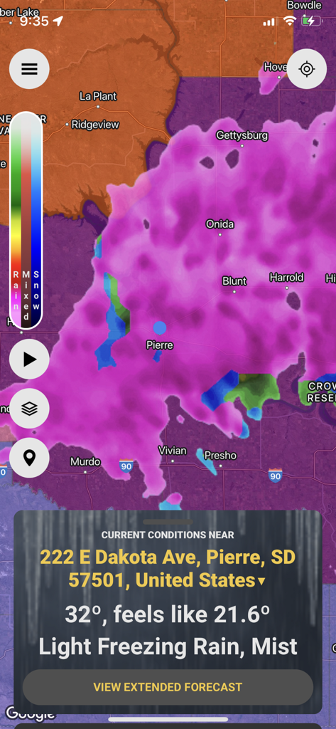 StormWatch plus mobile app showing a live weather radar map for Pierre South Dakota with light freezing rain alerts