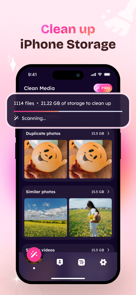 Interface of Smart Cleaner app scanning for duplicate and similar photos to free up iPhone storage