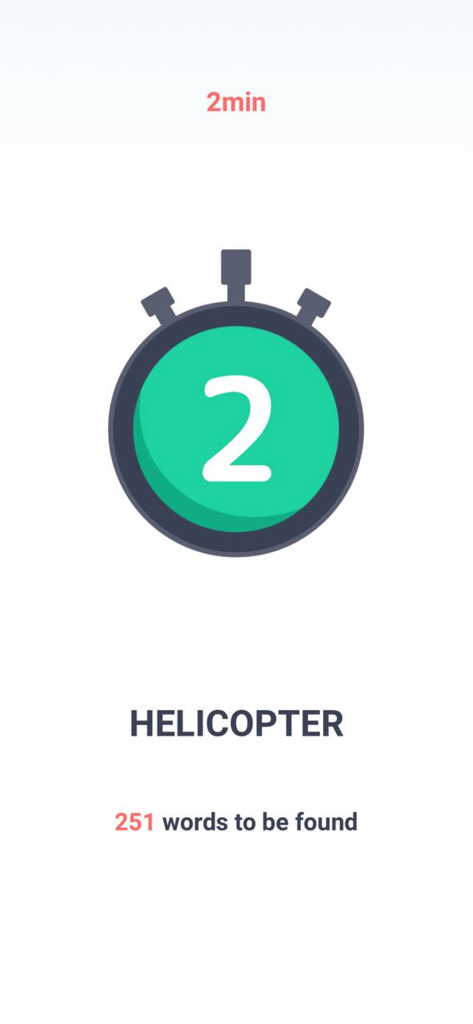 Find Words in Word - Typer - Screenshot of the Typer word game showing a timer and the challenge to find words within the word helicopter.