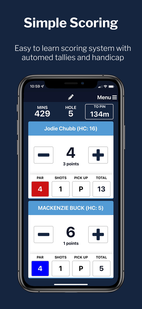MiScore mobile app interface for digital golf scoring and competition tracking