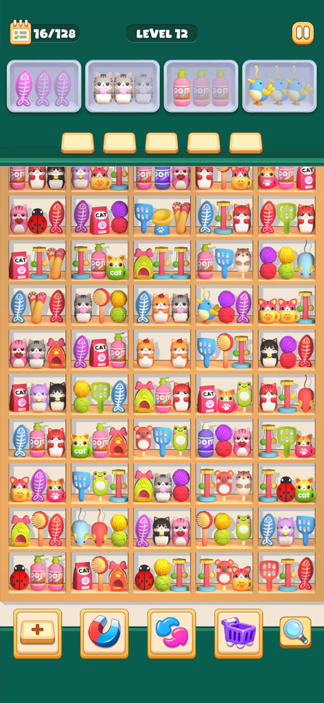 Goods Triple -Good Sort Master - Triple match puzzle game screen showing colorful cat supplies organized on wooden shelves