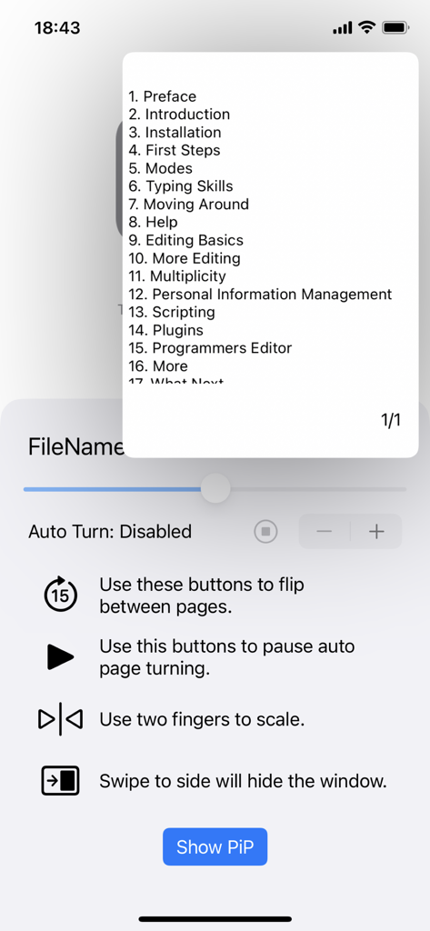 Magic PiP - Aplicativo Magic PiP exibindo um documento de texto em uma janela flutuante com controles de navegação e virada automática
