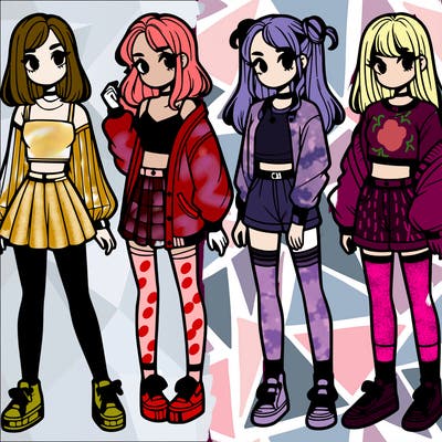 one girl with crop-top shirt and a jacket with a skirt, long socks and another girl with a shirt and pants with a jacket