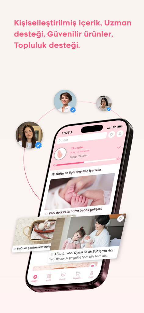 Momy: Bebek & Hamilelik Takibi - Interface de l'application Momy sur un smartphone montrant le suivi de grossesse à 19 semaines avec des profils de soutien d'experts et des articles sur les soins du bébé.