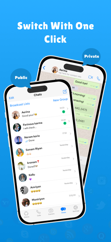 Parallel Space Dual Account - Interface showing a one-click switch between public and private messaging accounts on iPhone.
