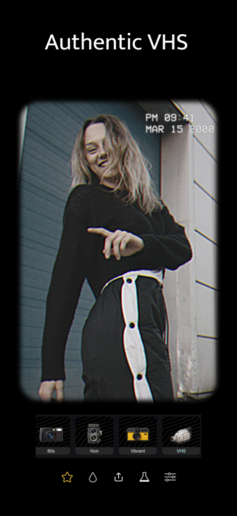 Vintage Camera: Analog Film - User interface showing an authentic VHS video filter with a vintage date stamp applied to a photo of a smiling woman.