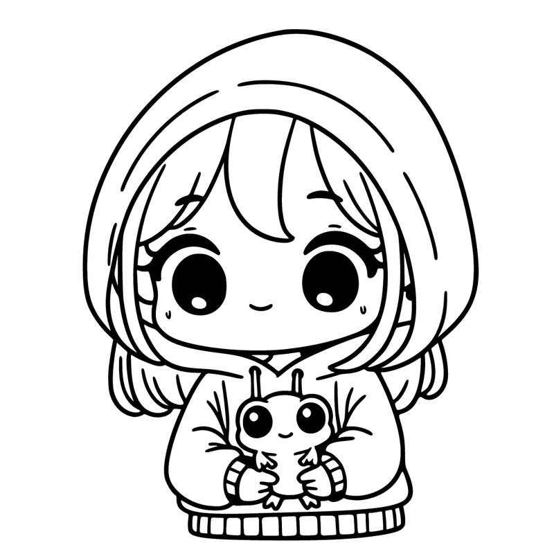 cute girl in a hoodie holding a frog