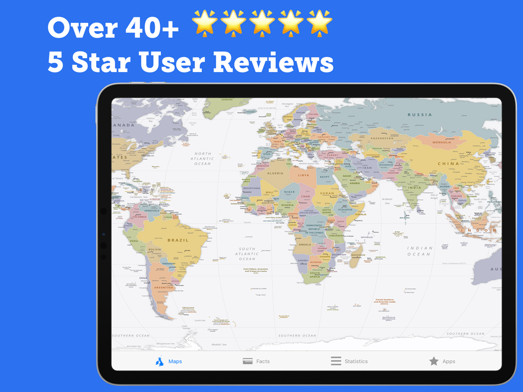 Atlas Pro: Maps & Facts - Aplicación Atlas Pro mostrando un mapa político mundial en iPad con reseñas de usuarios de cinco estrellas