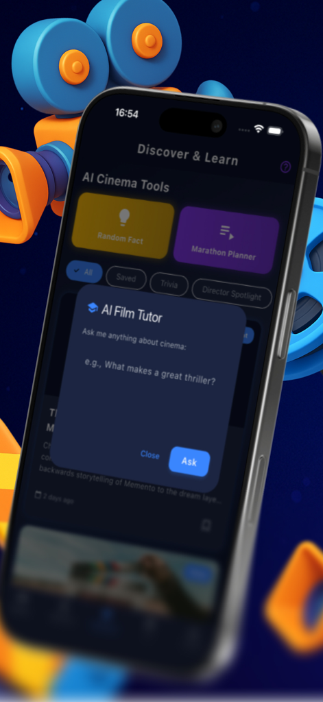 CineVerses app interface showing the AI Film Tutor popup and cinema discovery tools