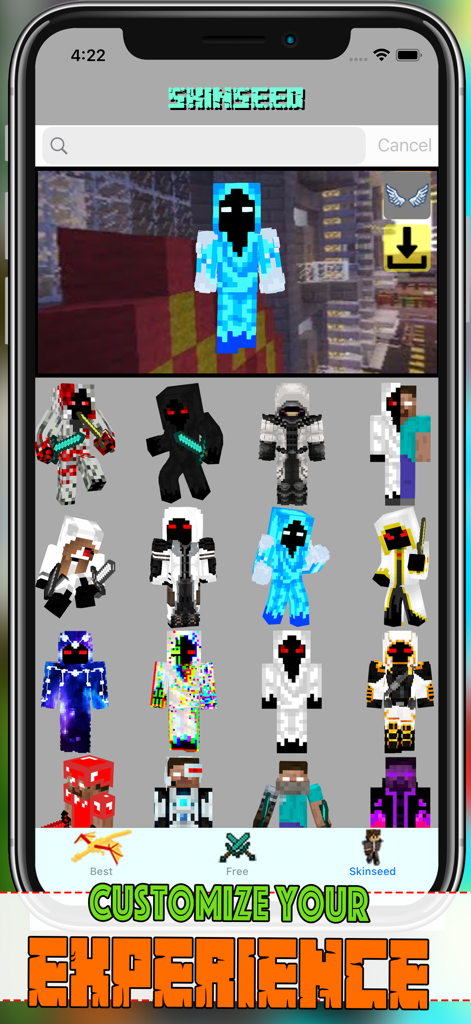 Monster Add-ons for Minecraft - A menu showing a variety of unique Minecraft character skins and a skin customization preview.
