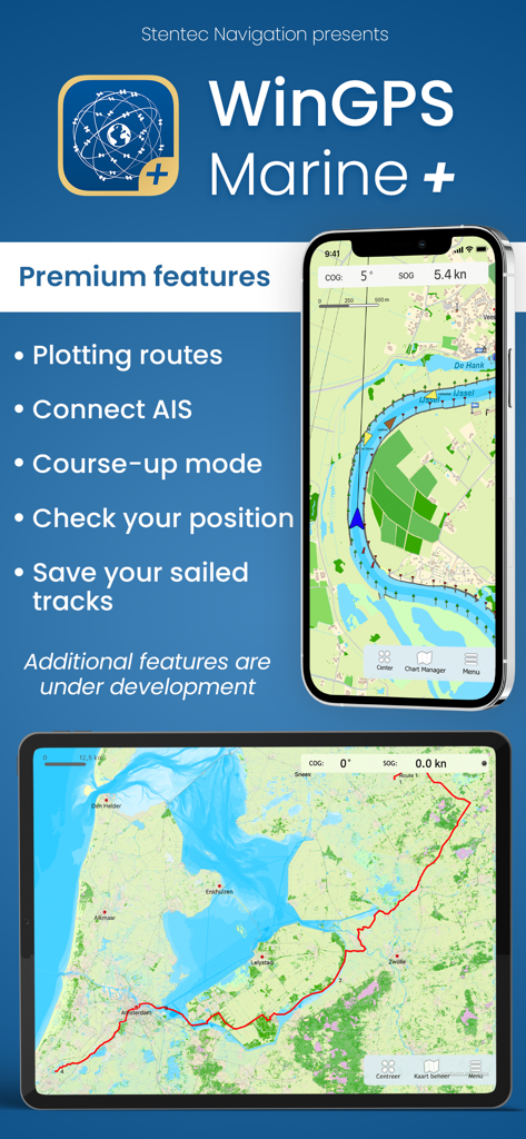 WinGPS Marine Plus - Interfaz de la aplicación WinGPS Marine Plus que muestra cartas náuticas y funciones de navegación en dispositivos móviles