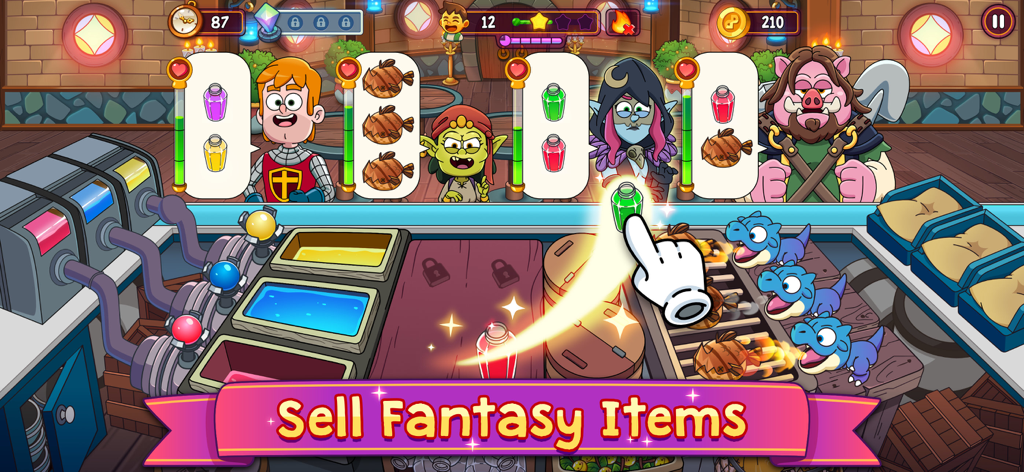 A gameplay screenshot of Potion Punch 2 showing players serving potions and grilled food to diverse fantasy characters like knights and goblins.