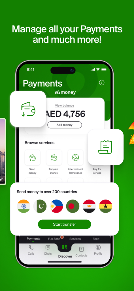 The GoChat Messenger app payments screen showing international remittance options and a list of flags for money transfers to countries like India and Pakistan.
