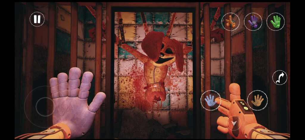 Gameplay screenshot of Poppy Playtime Chapter 3 showing the GrabPack and DogDay mascot