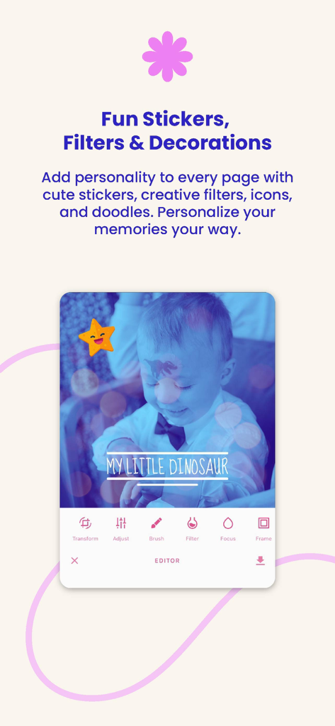 Yolobook - Yolobook mobile app photo editor interface showing a baby photo with stickers and filters