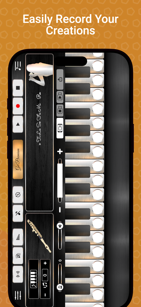 Piccolo Sim - Oberfläche der Piccolo Sim App, die Aufnahme-Steuerelemente und digitale musikalische Tasten zeigt
