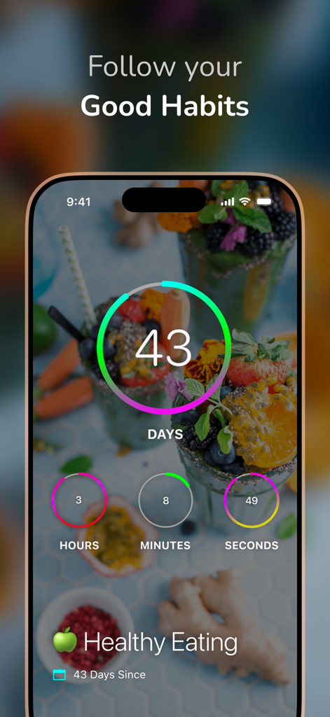 DayCount app interface displaying a 43-day streak for a healthy eating habit.