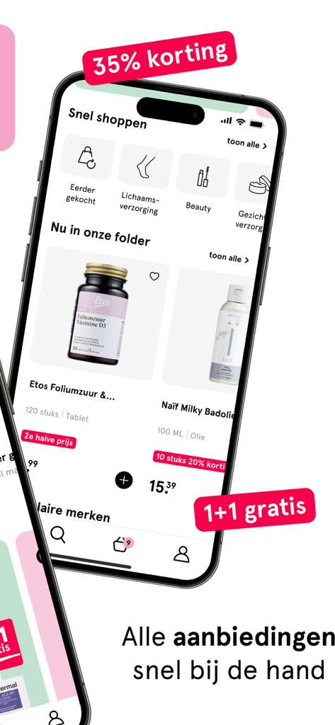 Die Benutzeroberfläche der mobilen Etos-App zeigt Drogerieprodukt-Angebote und Rabatte