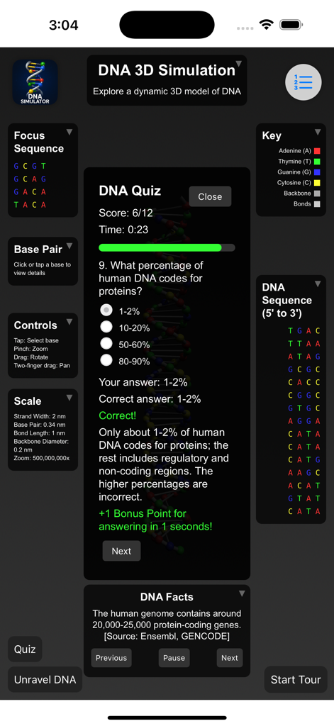 Una captura de pantalla de la aplicación Simulador de ADN que muestra un cuestionario de biología interactivo y un modelo de ADN en 3D.