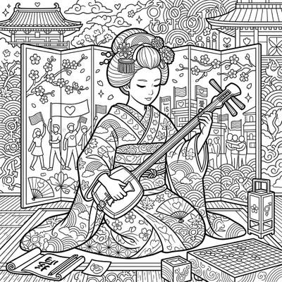 Experience a beautiful fusion of tradition and modern celebration with this maiko apprentice coloring page. Dive into intricate details featuring traditional Japanese elements alongside uplifting symbols of Pride.