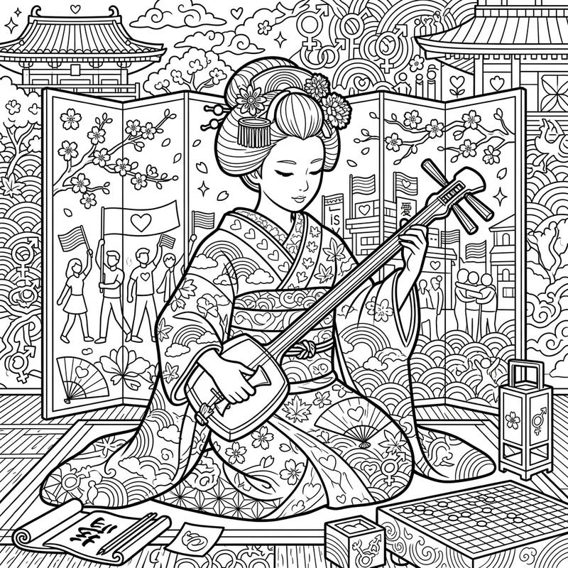 Experience a beautiful fusion of tradition and modern celebration with this maiko apprentice coloring page. Dive into intricate details featuring traditional Japanese elements alongside uplifting symbols of Pride.