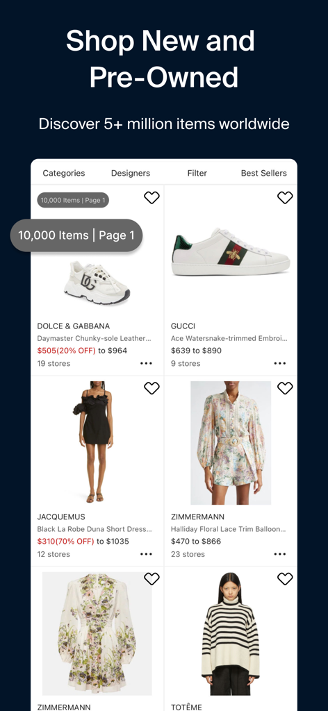 ModeSens app interface showing luxury fashion products from designers like Gucci and Dolce and Gabbana with price comparisons from multiple stores