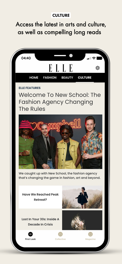 Smartphone display of ELLE Magazine UK app showing culture articles and fashion agency feature