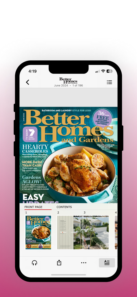 Smartphone displaying the June 2024 cover of Better Homes and Gardens digital magazine featuring a roasted chicken dish