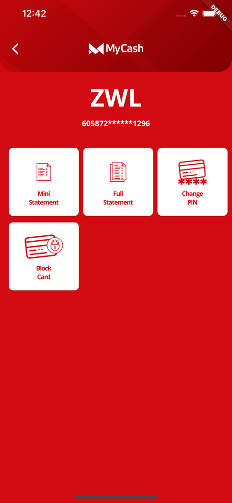 MyCash Mobile  Banking - MyCash mobile banking dashboard showing account statement and card security options for a ZWL account.