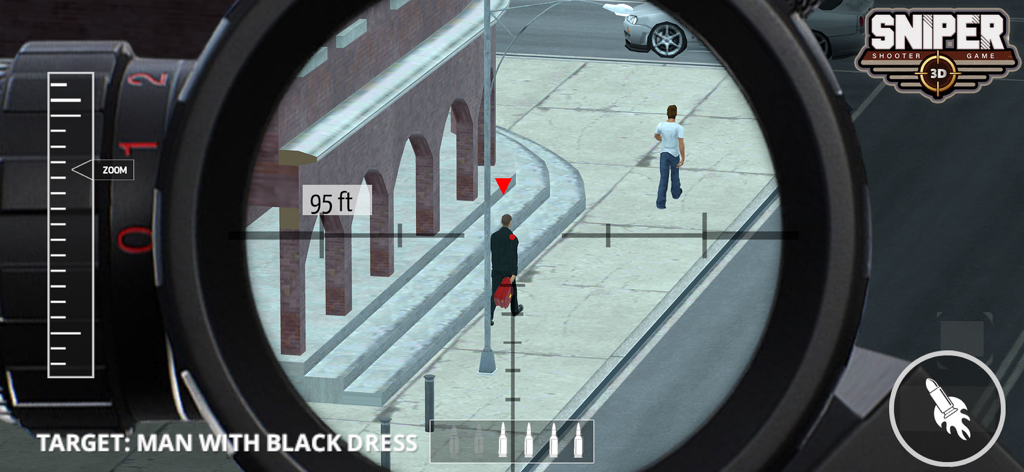Jugabilidad de Sniper 3D mostrando un objetivo en la mira de la mira de un rifle durante una misión urbana