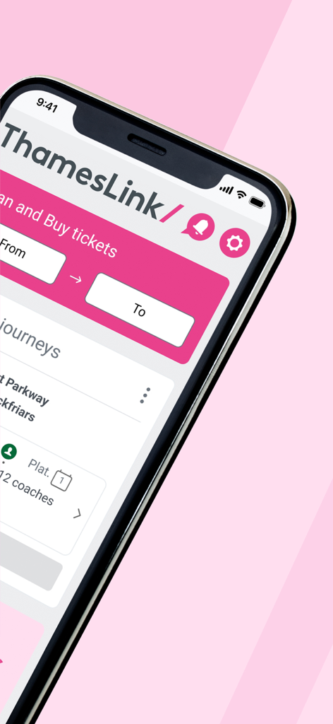 Interface of the ThamesLink Railway app showing the ticket booking and journey planning screen.