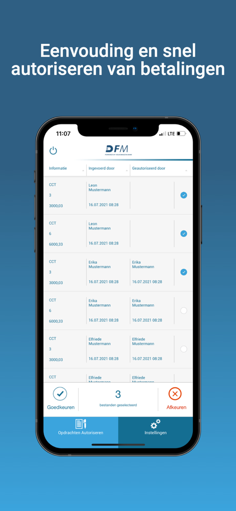 DFM e-Sign App-Oberfläche für die Autorisierung von Unternehmenszahlungen